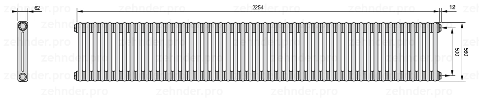 Схема (чертеж) Радиатор Zehnder Charleston 2056/49 №7610 Белый глянцевый RAL 9016
